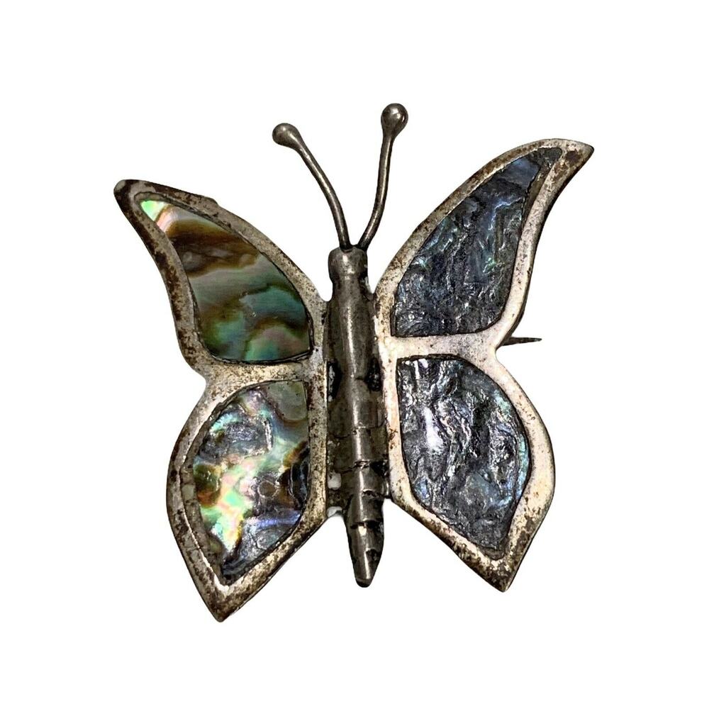 Vintage Mexico Silver Butterfly Brooch Pin Abalone Inlay Signed Marked